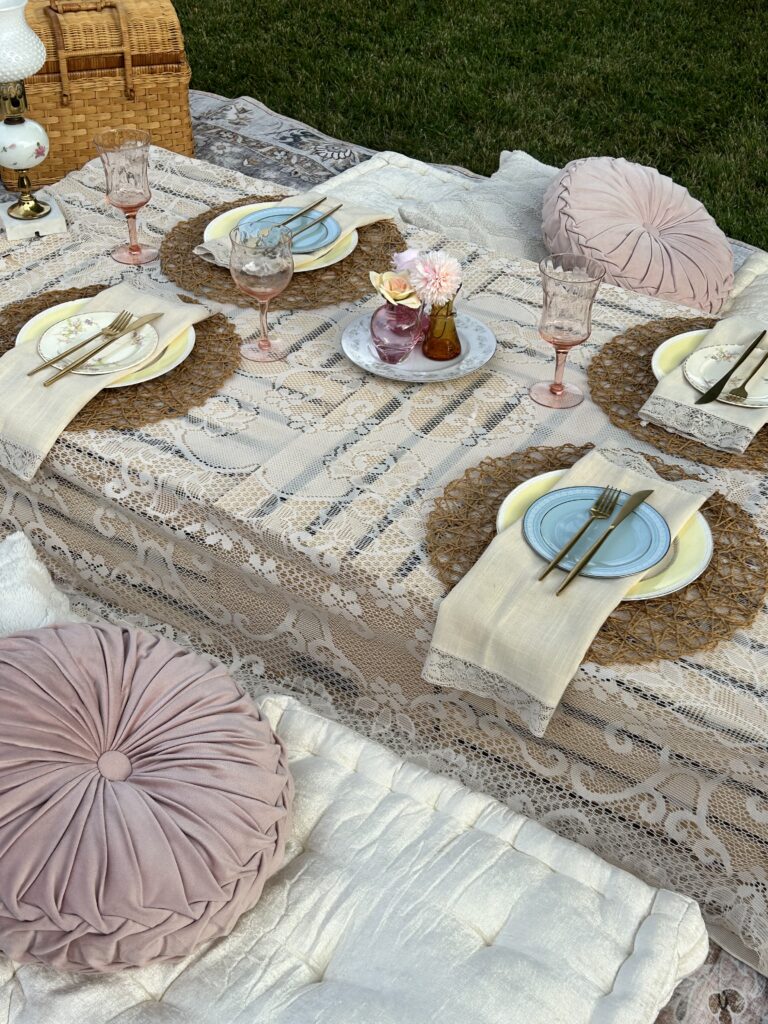 pink and baby blue aesthetic luxury picnic